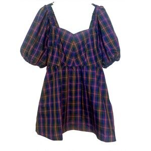 Old Navy Plaid Puff Sleeve Fit Flare Taffeta Mini Dress Large Petite Hunter Bell